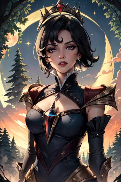 arcana camille, 1girl, dress, detached sleeves, crown, black hair, short hair, mechanical legs, detailed face, looking at viewer, upper body, cowboy shot, forest, dark, night, moon, tree, magic, purple light, (masterpiece:1.2, best quality)