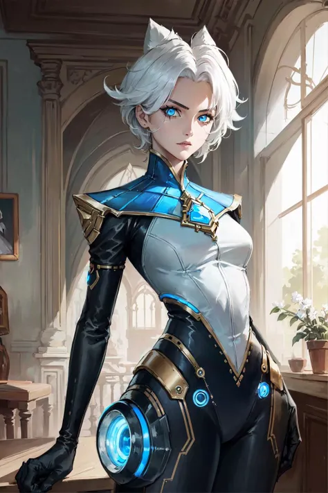 camille \(league of legends\), 1girl, cyborg, mechanical legs, bodysuit, white hair, detailed face, looking at viewer, upper body, (masterpiece:1.2, best quality)