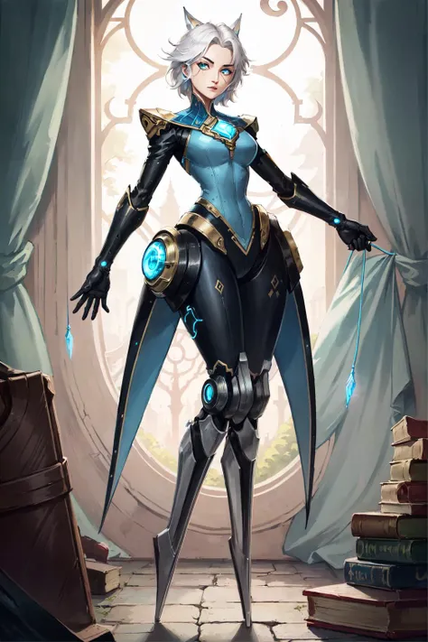 camille \(league of legends\), 1girl, cyborg, mechanical legs, bodysuit, white hair, detailed face, looking at viewer, full body, (masterpiece:1.2, best quality)