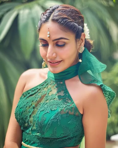 ultrarealistic soft focus photo of a 30-year-old woman, surbhi chandna, outdoors, head ornament, high neck Spanish green cocktail dress that covers chest and cleavage with intricate lacework, macro shot camera angle, looking looking at camera, day time, beautiful bokeh <lora:Surbhi_Chandna_SDXL_LoRA:1>