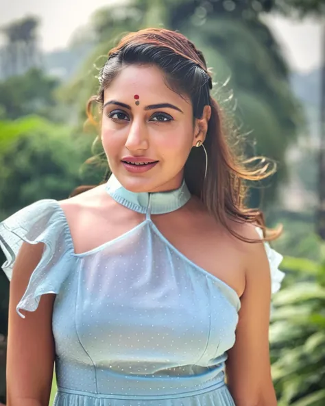 ultrarealistic soft focus photo of a 30-year-old woman,  surbhi chandna, outdoors, high neck dress that covers chest, macro shot camera angle, looking looking at camera, day time, beautiful bokeh <lora:Surbhi_Chandna_SDXL_LoRA:1>