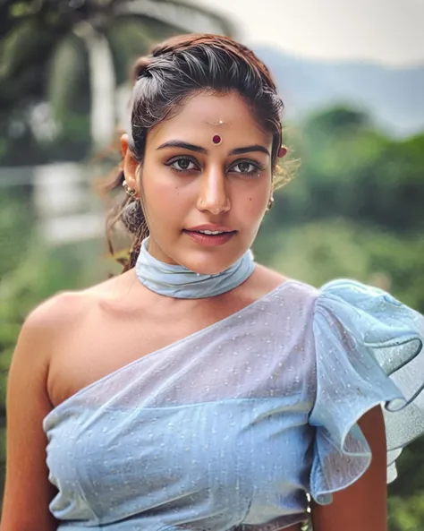 ultrarealistic soft focus photo of a 30-year-old woman,  surbhi chandna, outdoors, covered chest, high neck, Medium shot camera angle, looking looking at camera, day time, beautiful bokeh <lora:Surbhi_Chandna_SDXL_LoRA:1>
