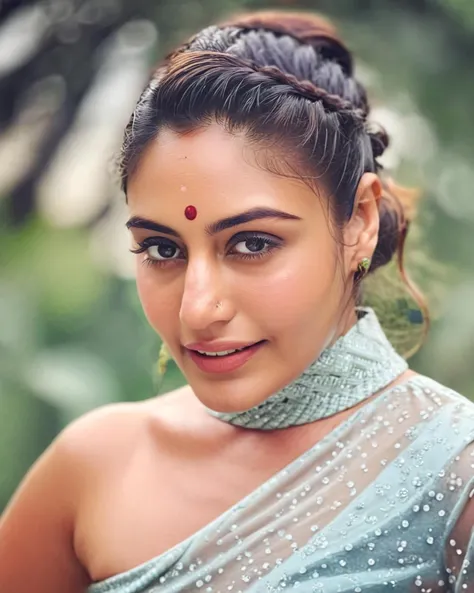 ultrarealistic soft focus photo of a 30-year-old woman, surbhi chandna, outdoors, high neck dress that covers chest, macro shot camera angle, looking looking at camera, day time, beautiful bokeh <lora:Surbhi_Chandna_SDXL_LoRA:1>