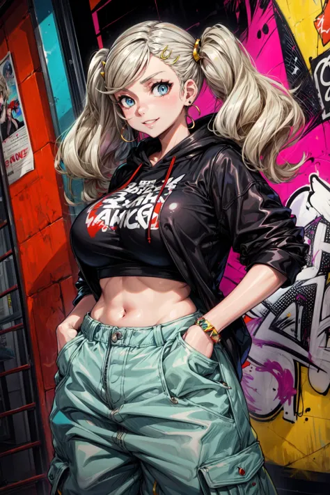 masterpiece,best quality,1girl,solo,takamaki anne(persona 5),huge breasts,wide hips,blue eyes,twintails,blonde hair,long hair,swept bangs,hair ornament,hairclip,earrings,cool and edgy attire,(baggy pants),oversized hoodie,fashionable accessories,hip hop jewelry,(smile),hands in pockets,urban and street style,graffiti-inspired colors,confident expression,graffiti walls,energetic and vibrant atmosphere,(dutch angle),<lora:Concept-control tool-add_detail-CyberAIchemist:0.9>,<lora:takamaki_anne:0.9>,