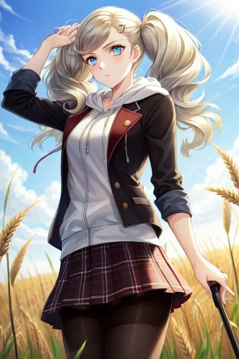 ((best quality)), ((highly detailed)), masterpiece, detailed face, beautiful face, (detailed eyes, deep eyes), (1girl), depth of field, cowboy shot, <lora:hairdetailer:.7>, , <lora:takamaki_anne:1>, takamaki anne(persona 5), blonde hair, long hair, twintails, blue eyes, hoodie, jacket, plaid skirt, ((red pantyhose)), (at a wheat field, sun down)