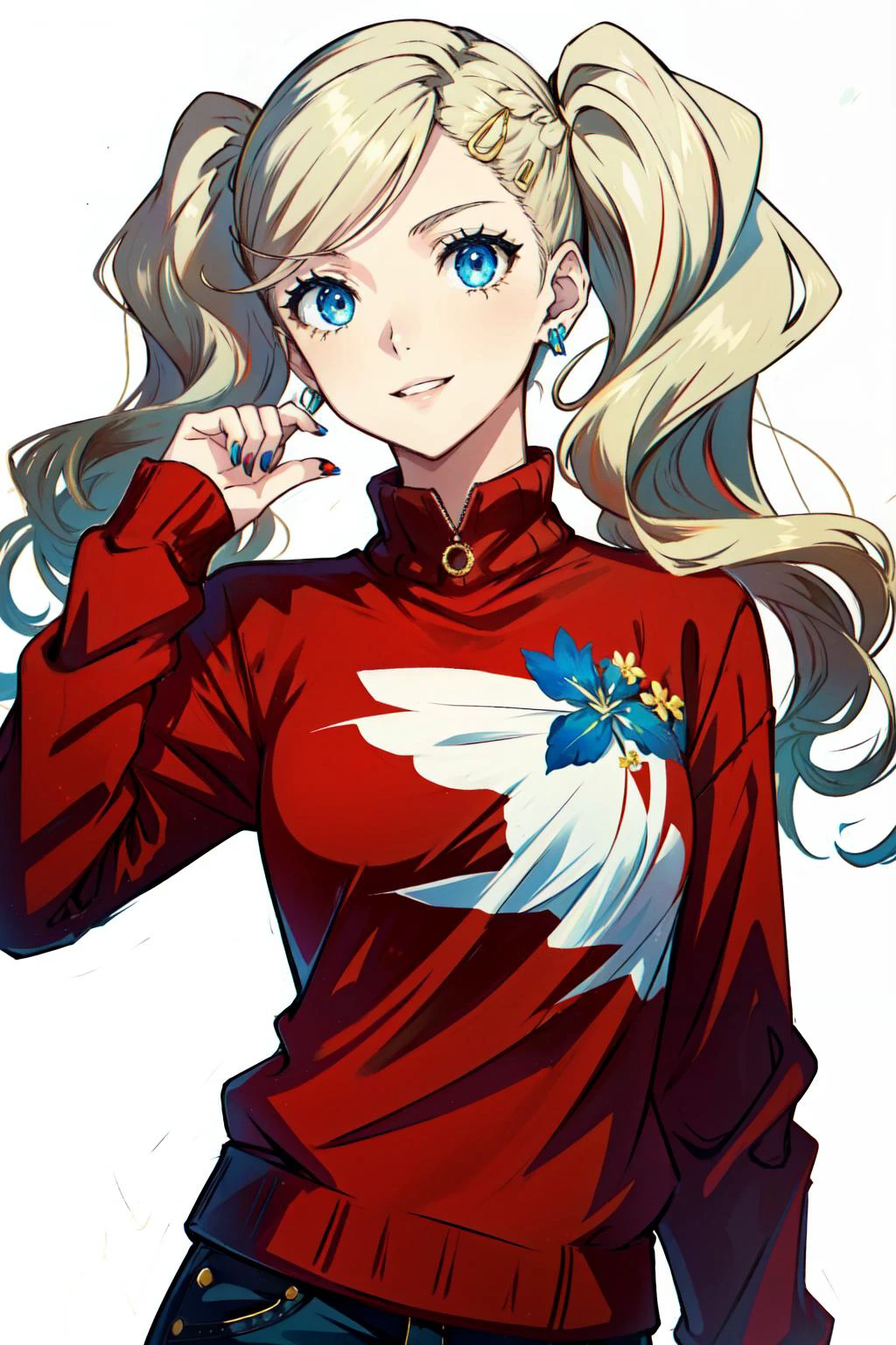 <lora:takamaki_anne-07:1>takamaki anne(persona 5), solo, flower, earrings, blue eyes, sweater, sleeves past wrists, hair ornament, nail polish, red sweater, smile, blue eyes, blonde hair, upper body, 1girl, parted lips, twintails, hairclip, long hair, long sleeves, looking at viewer