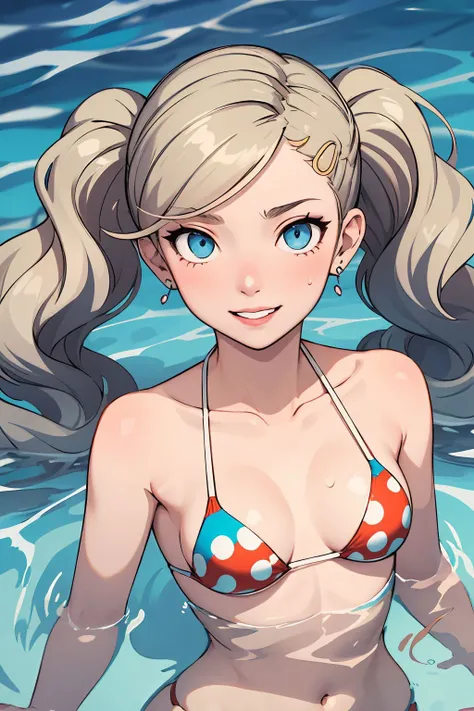 <lora:takamaki_anne:1>,takamaki anne(persona 5), solo, jewelry, medium breasts, earrings, blue eyes,hair ornament, smile, blonde hair,swimsuit, 1girl, parted lips, twintails, hairclip, long hair,  stud earrings, , looking at viewer, in the water,upper body, bare shoulders, polka dot bikini,out of water,water drop,sweatdrop,