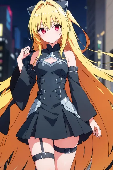 <lora:cutefires_style:0.8>,(masterpiece:1.6, best quality), (finely detailed beautiful eyes: 1.2), phyami, yaminor, 1girl, solo, blonde hair, long hair, red eyes, thigh strap, very long hair, detached sleeves, black dress, <lora:yami-v1:1.0>,contrapposto