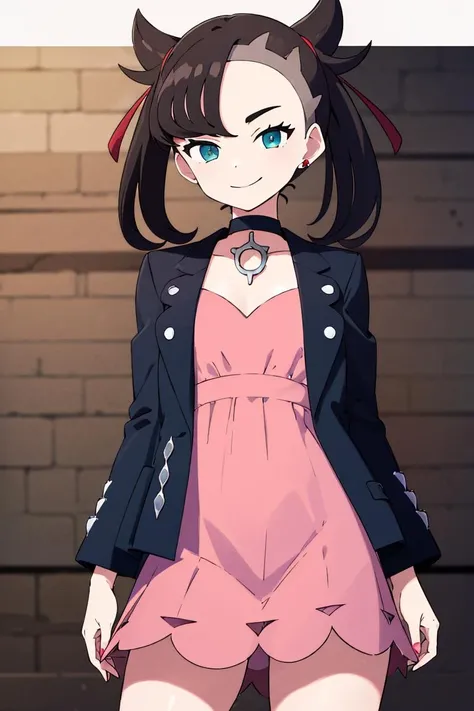 <lora:cutefires_style:0.8>,((masterpiece,best quality)), absurdres, <lora:marnie_v1:0.7>, hmmarnie, aqua eyes, black choker, red ribbon, pink dress, jewelry, black jacket, open clothes, long sleeves, solo, smiling, looking at viewer, cowboy shot, cinematic composition, contrapposto,