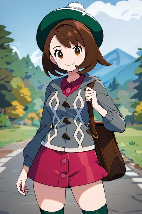 <lora:cutefires_style:0.8>,((masterpiece,best quality)), absurdres,  <lora:gloria_(pokemon)_v1:0.7>,  gloria \(pokemon\), brown hair, solo, backpack, brown eyes, tam o' shanter, grey cardigan, pink dress, short hair, green socks, socks, brown bag, bob cut, bangs, long sleeves, collared dress,  solo, smiling, looking at viewer, cowboy shot,  cinematic composition, contrapposto,