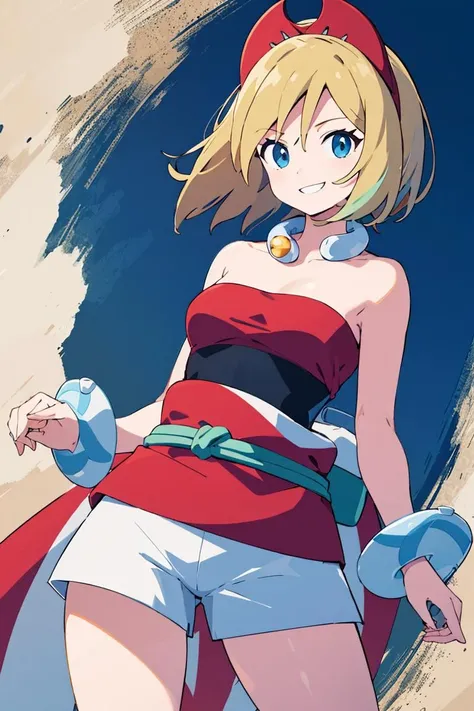 <lora:cutefires_style:0.8>,((masterpiece,best quality)), absurdres,  <lora:irida_(pokemon)_v1:0.7>, aairida, short hair, red hairband, neck ring, collar, strapless shirt, red shirt, bracelet, sash, waist cape, white shorts, bare legs, solo, smiling, looking at viewer, cowboy shot,  cinematic composition, contrapposto,