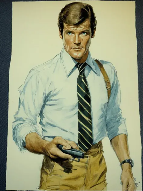 Colour drawing of young 25 year old Roger Moore by Robert McGinnis <lora:Roger Moore-000003:0.8>
