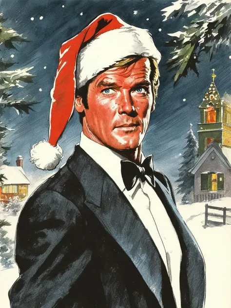 Colour drawing of young 25 year old Roger Moore wearing a Santa hat illustrated by Robert McGinnis, Christmastime, festive <lora:Roger Moore-000003:0.8>