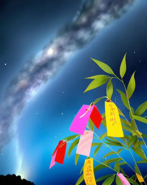 <lora:Weaver_Festival_v1:0.7>, tanabata, no_humans, Weaver_Festival, bamboo, stars, dark sky, galaxy, milky_way, (square tanzaku:1.2),(anime_coloring)