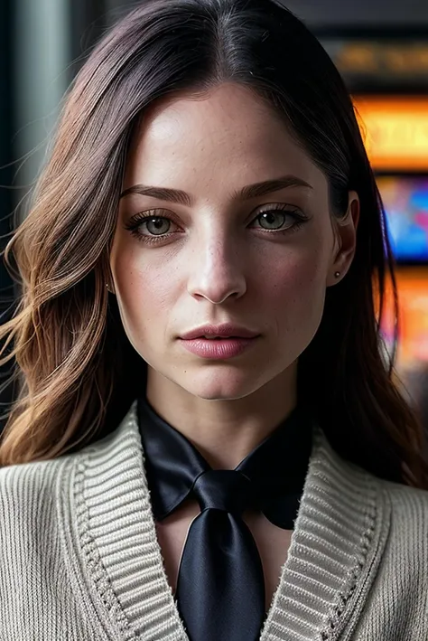 beautiful woman (EP4nn4H0pk1ns:.99), perfect hair, jewellery, ((portrait)), (closeup:1.2), ((from the waist up)), ((( arcade :1.2 ))), natural skin texture, (( Belted cardigan and skinny jeans :1.2)), (( wearing Silk Necktie :1.2)) , 24mm, 4k textures, soft cinematic light, adobe lightroom, photolab, hdr, intricate, elegant, highly detailed, sharp focus, ((((cinematic look)))), soothing tones, insane details, intricate details, hyperdetailed, low contrast, soft cinematic light, exposure blend, hdr, faded, now, ("I've got a bad feeling about this.":1.1)