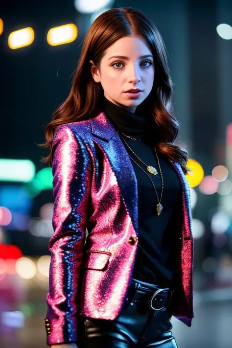 (Realistic), Stylish looking news reporter, at a neon light show at night, (EP_AnnaHopkins:0.99), closeup, wearing glitter blazer, wearing scarf, infinite reflections, prismatic plurality, intricate detail, blurred background, bokeh:1.1, starlight, streetlights, detailed clothes, skinny, shiny glossy skin, subsurface scattering, glitter, Nikon D850 film stock photograph Kodak Portra 400 camera f1.6 lens, rich colors, lifelike texture, dramatic lighting, unreal engine, trending on ArtStation, cinestill 800 tungsten, fucking discoball, color beyond comprehension