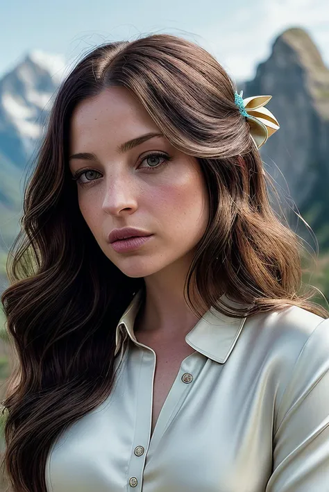 beautiful woman (EP4nn4H0pk1ns:.99), perfect hair, jewellery, ((portrait)), (closeup:1.2), ((from the waist up)), (((  A mountain scene with a rugged cliff face and an azure sky :1.2 ))), natural skin texture,  ((  Satin trousers and cropped blouse :1.2)), (( hair bow:1.2)) , 24mm, 4k textures, soft cinematic light, adobe lightroom, photolab, hdr, intricate, elegant, highly detailed, sharp focus, ((((cinematic look)))), soothing tones, insane details, intricate details, hyperdetailed, low contrast, soft cinematic light, exposure blend, hdr, faded, now, ("I've got a bad feeling about this.":1.1)