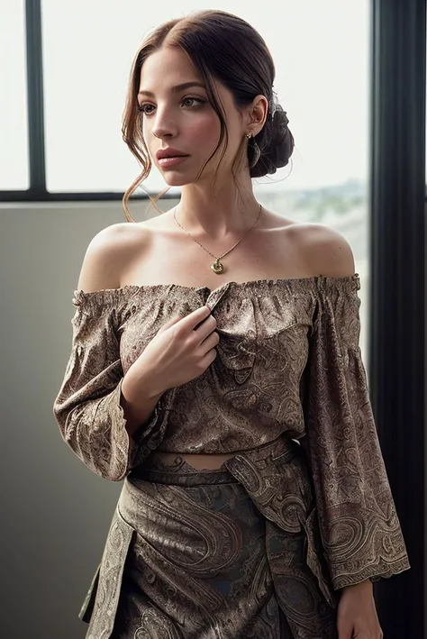beautiful woman (EP4nn4H0pk1ns:.99), perfect hair, jewellery, ((portrait)), (closeup:1.2), ((from the waist up)), (((  hospital   :1.2 ))), natural skin texture,  ((  Flared skirt and off-shoulder blouse :1.2)), (( wearing Paisley Pocket Square  :1.2)) , 24mm, 4k textures, soft cinematic light, adobe lightroom, photolab, hdr, intricate, elegant, highly detailed, sharp focus, ((((cinematic look)))), soothing tones, insane details, intricate details, hyperdetailed, low contrast, soft cinematic light, exposure blend, hdr, faded, now, ("I've got a bad feeling about this.":1.1)