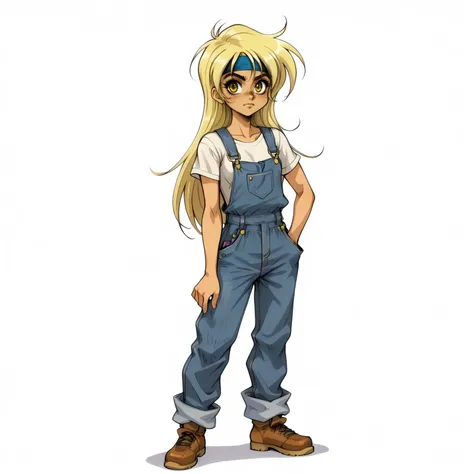 <lora:VSJumXLpony001>,
solo,
VSJum,1girl,blonde hair,long hair,headband,yellow eyes,
full body,
overalls,