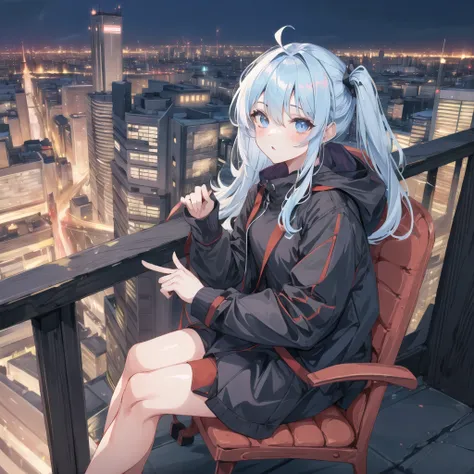 1girl, cityscape, night, sitting in a high place,