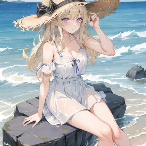 1girl, bare shoulders, spaghetti strap, white dress, light purple eyes, blonder hair, sitting on a (rock), sun hat, beach, waterdrop, seaboard, waves,