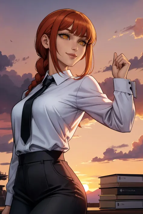 1girl, (solo:1.2), (jumping:1.3), (mid air:1.3), (cowboy shot:1.5), smile, happy, (masterpiece:1.3), (best quality:1.3), (perfect anatomy:1.4), highly detailed, <lora:Makima [nochekaiser881 - v1.0]:0.8> makima, long hair, smile, bangs, (yellow eyes:1.2), braid, red hair, braided ponytail, ringed eyes, shirt, long sleeves, white shirt, necktie, collared shirt, pants, black pants, formal, suit, black necktie, shirt tucked in, office lady, (orange sky:1.2), (cowboy scenery:1.2), (sunset:1.4), outside, summer, <lora:Kittew [MockAi - v1.0]:0.8> kittew, soft shading, charming face, (semi-realistic:1.2), detailed shading