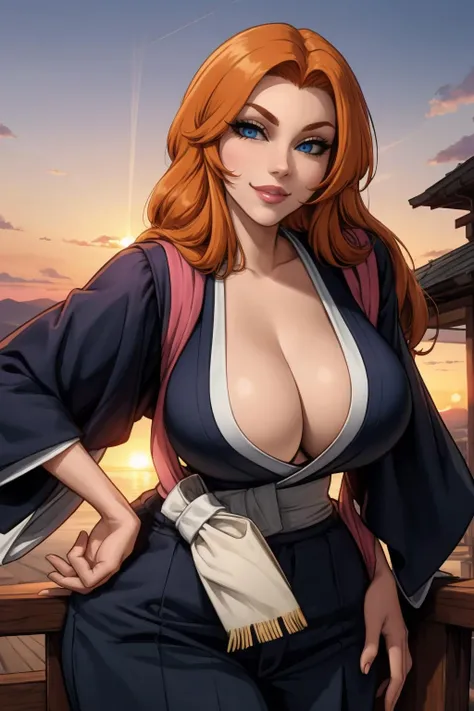 1girl, (solo:1.2), (bending forward:1.3), (posing:1.3), (cleavage:1.3), smile, happy, at ease, (curvy:1.2), large breasts, (long hair:1.3), <lora:Kittew [MockAi - v1.0]:0.8> kittew, soft shading, charming face, (semi-realistic:1.2), detailed shading, (orange sky:1.2), (cowboy scenery:1.2), (sunset:1.4), outside, summer, <lora:Matsumoto Rangiku [Goofy_Ai - v1.0]:1> matsumoto rangiku, orange hair, long hair, blue eyes, huge breasts, japanese clothes, cleavage, kimono, sash