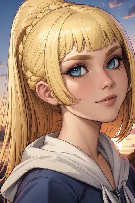 1girl, (solo:1.2), (portrait:1.6), (close-up:1.3), (looking at viewer:1.3), (gazing), (frontal), (beautiful detailed eyes:1.5), (subtle smile:1.2), happy, (closed mouth:1.2), (masterpiece:1.3), (best quality:1.3), (perfect anatomy:1.4), highly detailed, (orange sky:1.2), (cowboy scenery:1.2), (sunset:1.4), outside, summer, <lora:Lillie [h_madoka - v1.0]:0.7> aalillie, long hair, ponytail, french braid, blonde hair, <lora:Kittew [MockAi - v1.0]:0.8> kittew, soft shading, charming face, (semi-realistic:1.2), detailed shading