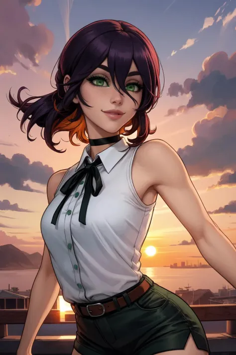 1girl, (solo:1.2), (jumping:1.3), (mid air:1.3), (cowboy shot:1.5), smile, happy, (masterpiece:1.3), (best quality:1.3), (perfect anatomy:1.4), highly detailed, <lora:Reze [nochekaiser881 - v1.0]:1> reze, black choker, purple hair, choker, eyebrows hidden by hair, (green eyes:1.5), hair between eyes, long bangs, medium hair, bare shoulders, black ribbon, black shorts, collar, collared shirt, neck ribbon, ribbon, shirt, shorts, sleeveless, sleeveless shirt, (white shirt:1.2), (orange sky:1.2), (cowboy scenery:1.2), (sunset:1.4), outside, summer, <lora:Kittew [MockAi - v1.0]:0.8> kittew, soft shading, charming face, (semi-realistic:1.2), detailed shading