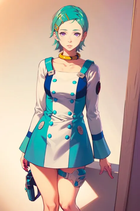 <lora:eureka:1> 1girl, purple eyes, aqua hair, short hair, hairclip, hair ornament, thigh pouch, thigh holster, collarbone, collar, buttons, dress,  <lora:Feguimel [MockAi - v1.0]:0.8> feguimel, soft shading, realistic proportions,, absurdres, ultra detailed, masterpiece, best quality, aesthetic, detailed,