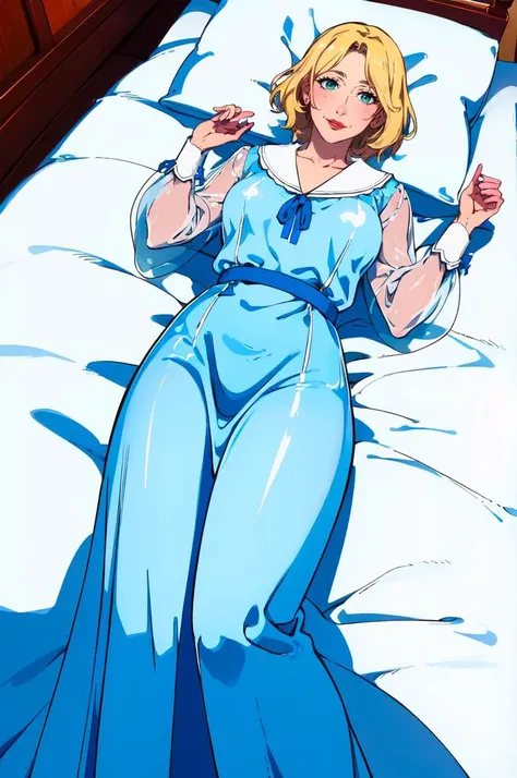 solo, smile, blush, looking at viewer, on bed, on back, from above, <lora:CastlevaniaTera-v1:0.6> ChopioTera, green eyes, blonde hair, medium hair, lipstick, red lips, mature female, medium breasts, || outfit_2, white nightgown, puffy long sleeves, blue ribbon,  (see-through:1.3),  <lora:Feguimel [MockAi - v1.0]:0.8> feguimel, soft shading, realistic proportions, hands up,, absurdres, ultra detailed, masterpiece, best quality, aesthetic, detailed,