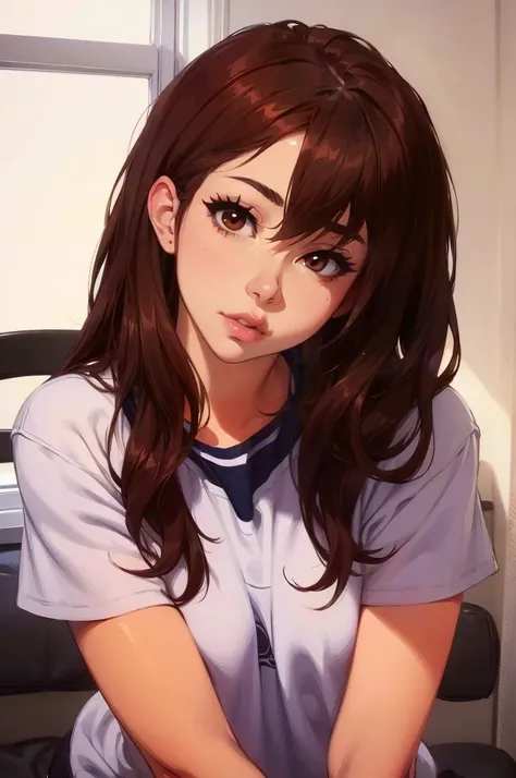 <lora:shoe:0.8> brown eyes, brown hair, long hair,  <lora:Feguimel [MockAi - v1.0]:0.8> feguimel, soft shading, realistic proportions, straight-on, head tilt,, absurdres, ultra detailed, masterpiece, best quality, aesthetic, detailed,