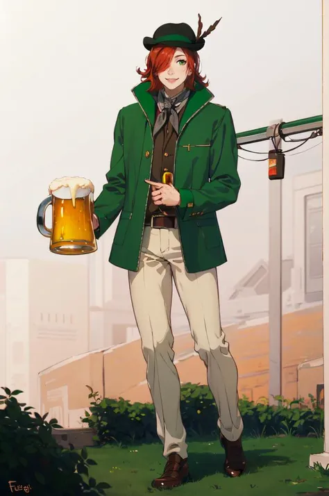 smile, coin on string,  <lora:Feguimel [MockAi - v1.0]:0.8> feguimel, soft shading, realistic proportions, full body, (holding beer mug:1.3),  <lora:Leprecon_Artist:0.8> 1boy,  green eyes, male focus, red hair, hair over one eye, hat, green jacket,, absurdres, ultra detailed, masterpiece, best quality, aesthetic, detailed,