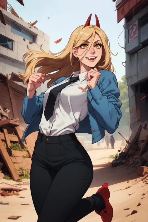 1girl, (solo:1.2), (jumping:1.3), (mid air:1.3), (cowboy shot:1.5), smile, happy, (masterpiece:1.3), (best quality:1.3), (perfect anatomy:1.4), highly detailed, <lora:Power [justTNP - v1.0]:1> power \(csm\), sharp teeth, symbol-shaped pupils, cross-shaped pupils, blonde hair, yellow eyes, blue jacket, collared shirt, black necktie, black pants, (post fight scenery:1.3), rubble, outside, daylight, <lora:Feguimel [MockAi - v1.0]:0.8> feguimel, soft shading, realistic proportions
