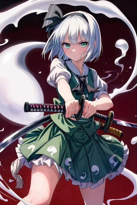 masterpiece, best quality, absurdres, ultra detail,<lora:GoodHands-vanilla:0.8> <lora:anmnr01:0.3> <lora:add_detail:0.5>, konpaku_youmu_touhou <lora:konpaku_youmu_touhou:0.7>,katana,blade point the tip towards viewer,take a low stance,hold katana