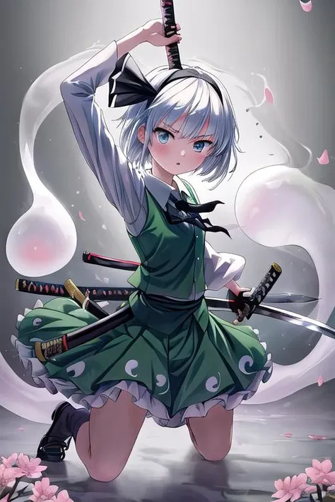 masterpiece, best quality, absurdres, ultra detail,<lora:GoodHands-vanilla:0.8> <lora:anmnr01:0.3> <lora:add_detail:0.5>, konpaku_youmu_touhou <lora:konpaku_youmu_touhou:0.7>,katana,blade pointing viewer,take a low stance,hold blade above head