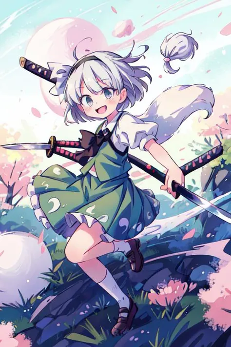 masterpiece, best quality, absurdres, ultra detail,<lora:GoodHands-vanilla:0.8> <lora:anmnr01:0.3> <lora:add_detail:0.5>, konpaku_youmu_touhou <lora:konpaku_youmu_touhou:0.7>,dynamic pose,dynamic angle,smile