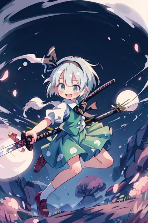 masterpiece, best quality, absurdres, ultra detail,<lora:GoodHands-vanilla:0.8> <lora:anmnr01:0.3> <lora:add_detail:0.5>, konpaku_youmu_touhou <lora:konpaku_youmu_touhou:0.7>,dynamic pose,dynamic angle,smile