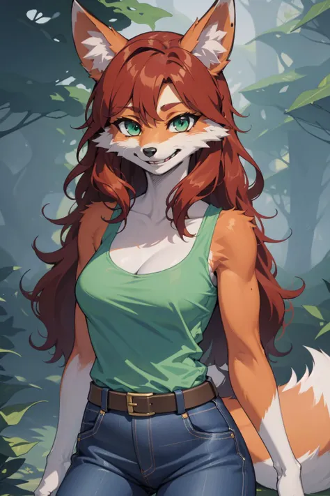 masterpiece, best quality, highres, zoo2, green eyes, bangs, orange hair, very long hair, fox tail, snout, two-tone fur, tank top, jeans, belt, forest, cowboy shot, upper body, smile, closed mouth, pov<lora:Zoologist-11:0.9>