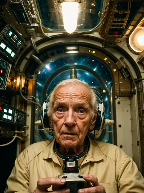photo of the horror movie about parkinson grandpa in
space station cabin interior, trying to control spaceship, lot of complicated devices on the background, close up,
