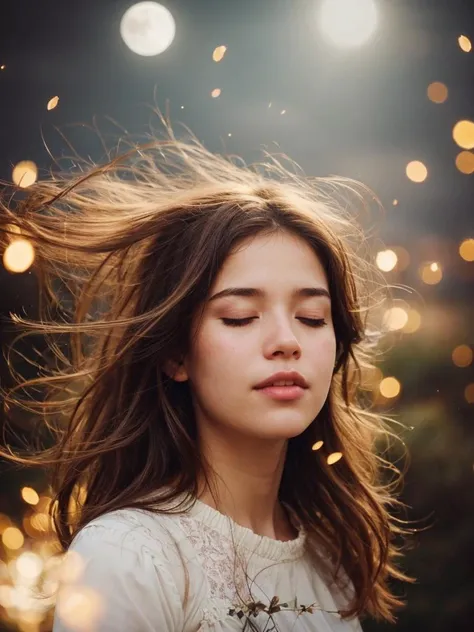 a portrait of a cute girl with a luminous dress, eyes shut, mouth closed, long hair, wind, sky, clouds, the moon, moonlight, stars, universe, fireflies, butterflies, lights, lens flares effects, swirly bokeh, brush effect, In style of Yoji Shinkawa, Jackson Pollock, wojtek fus, by Makoto Shinkai, concept art, celestial, amazing, astonishing, wonderful, beautiful, highly detailed, centered, face lighted
<lora:WarmLight:0.6>