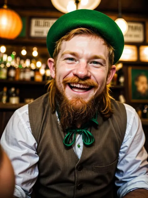 Best quality, Raw photo, face portrait,
Hansome smiling Leprechaun in crowded pub,
The focus is on his facial features