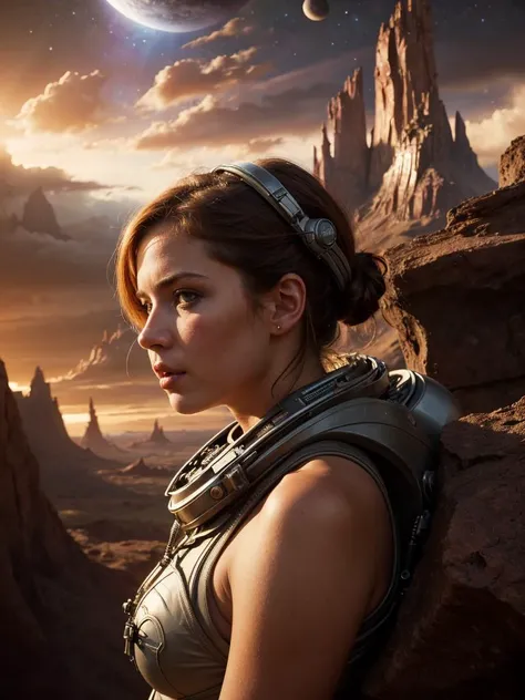 James Gurney style ,
deep space drama, alien skies, ((planetary background)),
lonely ranger girl, close up,
realistic, dramatic lighting