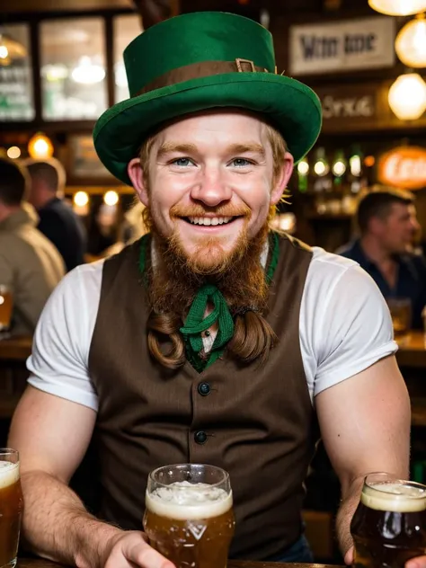 Best quality, Raw photo, face portrait,
Hansome smiling Leprechaun in crowded pub,
The focus is on his facial features