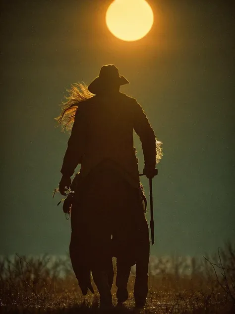 Photo, 
, close up,
Against the sun's declining figures moving in the slower dusk across a paper skyline. A lone dark husbandman pursuing mule and harrow down the rainblown bottomland toward night.