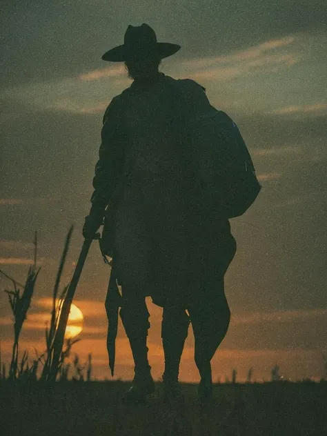 Photo,
, close up,
Against the sun's declining figures moving in the slower dusk across a paper skyline. A lone dark husbandman pursuing mule and harrow down the rainblown bottomland toward night.