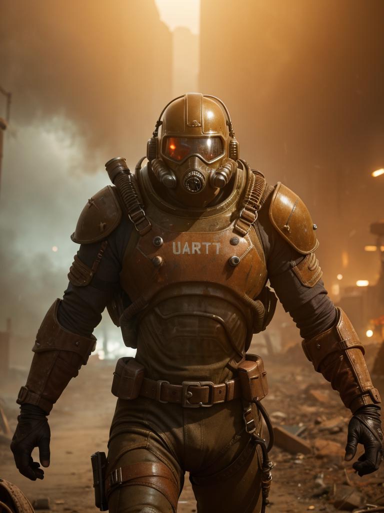 A man in a gas mask and armor walking through a city - SeaArt AI