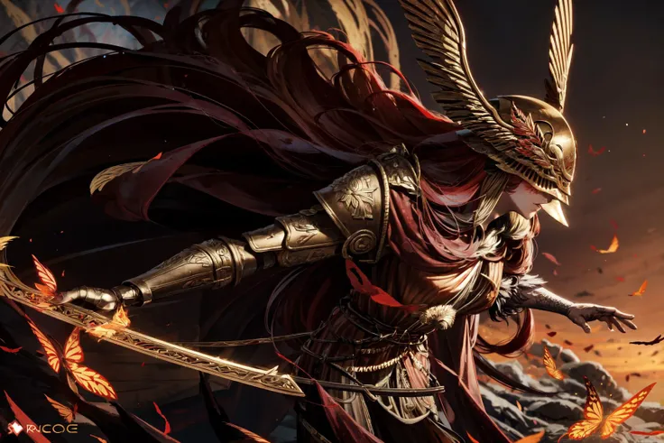 1girl,eldenring\(malenia\),long hair,(red hair),red cape,winged helmet,covered eyes,(right hand prothesis),holding the helmet,(closeup),from side,golden particles effect,red flames of rot,(multiple scarlet butterflys:1.2),good face,good mouth,masterpiece,extremely detailed CG unity 8k wallpaper, best quality,32k,focus sharp, <lora:malenia_01:0.8>