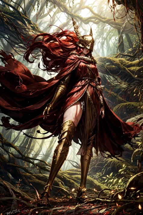 1girl,<lora:malenia_01:0.8> cursed_left_arm, winged helmet, red cape, covered eyes, long hair, red hair,(dynamic pose),hands on hips,dry forest,death forest,tree roots,thicc,thick thighs,curvy,closeup,(from below:1.4),masterpiece,extremely detailed CG unity 8k wallpaper, best quality,32k,focus sharp, <lora:add_detail:0.8>, <lora:Light and Shadow:0.6>