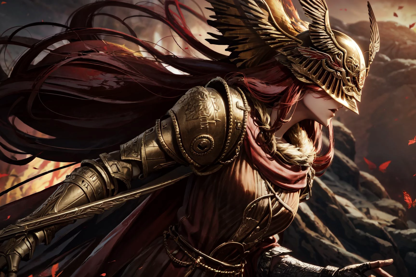 1girl,eldenring\(malenia\),long hair,(red hair),red cape,winged helmet,covered eyes,(right hand prothesis),(closeup),from side,(golden particles),(red flames of rot),(multiple scarlet butterflys:1.2),beautiful face,good face,good mouth,masterpiece,extremely detailed CG unity 8k wallpaper, best quality,32k,focus sharp, <lora:malenia_01:0.8>